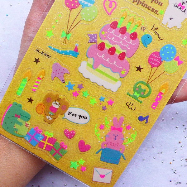 Kawaii Fluorescent Stickers | Happy Birthday Sticker in Neon Colors ...