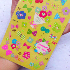 Fluorescent Stickers | Kawaii Diary Deco Stickers in Neon Colors | Bows & Flower PVC Stickers | Cute Papercraft Supplies (1 Sheet)