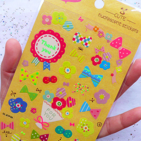 Fluorescent Stickers | Kawaii Diary Deco Stickers in Neon Colors | Bows & Flower PVC Stickers | Cute Papercraft Supplies (1 Sheet)