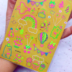 Kawaii Deco Stickers in Neon Colors | Fluorescent Stickers | Cute Planner Supplies | Transparent PVC Stickers (Rainbow Rocking Horse Party Banner Moon Mushroom Balloon / 1 Sheet)