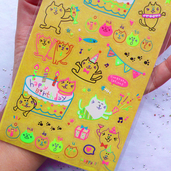Kawaii Kitty Cat Birthday Party Stickers in Neon Colors | Cute Party D ...
