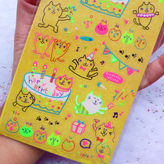 Kawaii Kitty Cat Birthday Party Stickers in Neon Colors | Cute Party Decoration | Happy Birthday Fluorescent Stickers | Clear PVC Stickers | Scrapbooking Supplies (1 Sheet)
