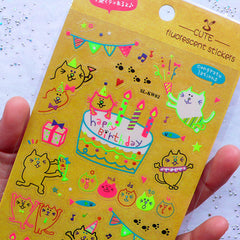 Kawaii Kitty Cat Birthday Party Stickers in Neon Colors | Cute Party Decoration | Happy Birthday Fluorescent Stickers | Clear PVC Stickers | Scrapbooking Supplies (1 Sheet)
