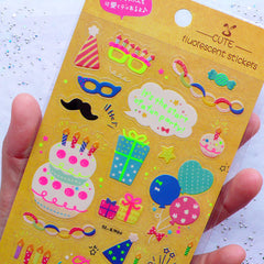 Birthday Party Stickers in Neon Color | Fluorescent Stickers | Kawaii Planner Decoration | Celebration Stickers | Clear PVC Stickers (1 Sheet)