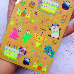 Animal Party Stickers in Neon Color | Kawaii Planner Supplies | Fluorescent Stickers | Birthday Celebration Stickers | PVC Stickers | Diary Deco Stickers (1 Sheet)