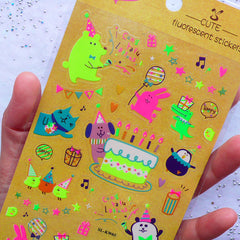 Animal Party Stickers in Neon Color | Kawaii Planner Supplies | Fluorescent Stickers | Birthday Celebration Stickers | PVC Stickers | Diary Deco Stickers (1 Sheet)