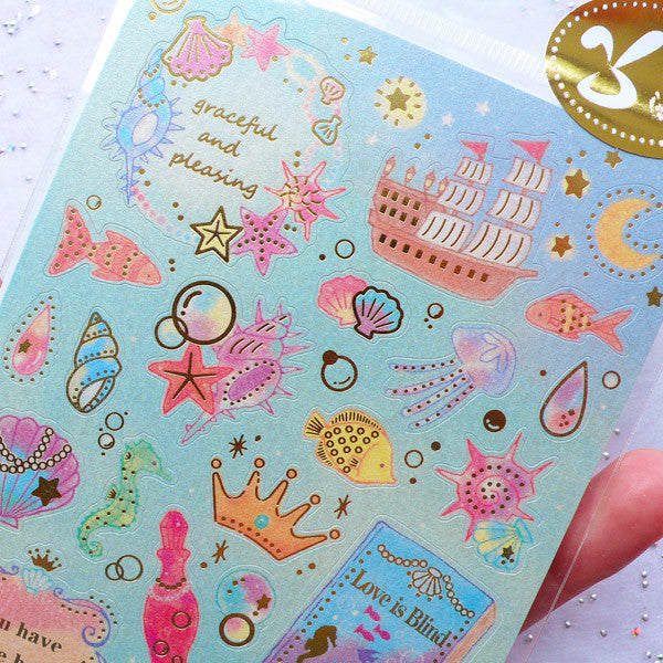 Marine Life Stickers with Gold Foil | Tropical Fish & Seashell Stickers | Mermaid Party Decoration | Scrapbook & Paper Supplies (1 Sheet)