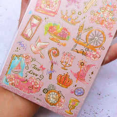 Fairy Tale Princess Stickers with Gold Foil | Dreamy Fairytale Stickers | Planner Decoration | Kawaii Seal Sticker | Scrapbooking & Papecraft Supplies (1 Sheet)