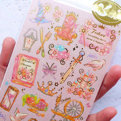 Fairy Tale Princess Stickers with Gold Foil | Dreamy Fairytale Stickers | Planner Decoration | Kawaii Seal Sticker | Scrapbooking & Papecraft Supplies (1 Sheet)