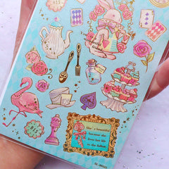 Alice in Wonderland Tea Party Stickers with Gold Foil | Pastel Fairy Tale Stickers | Fairytale Journal Decoration | Diary Deco Sticker | Paper Craft Supplies | Resin Art (1 Sheet)