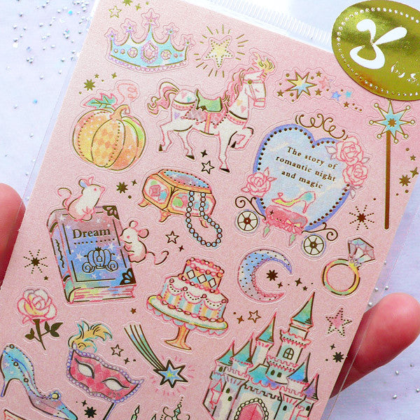 Fairy Kei Cinderella Stickers with Gold Foil | Kawaii Fairytale Stickers | Fairy Tale Decor | Home Decoration | Card Making | Pastel Kei Resin Kraft  (1 Sheet)