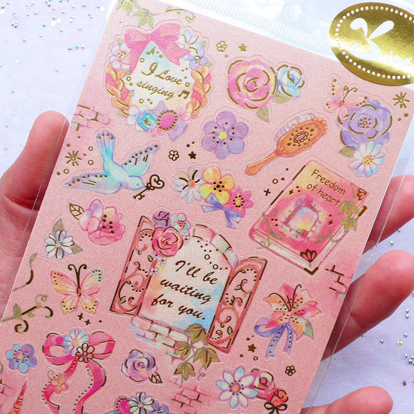 Pastel Kei Princess Stickers with Gold Foil | Floral Stickers | Animal Sticker | Fairy Tale Stickers in Watercolor Style | Journal Supplies | Diary Decoration (1 Sheet)