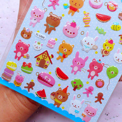 Kawaii Bear & Rabbit Stickers | Animal Friend Sticker with Crystal Resin Coating | Summer Watermelon Stickers | Home Decor | Photo Decoration (1 Sheet)