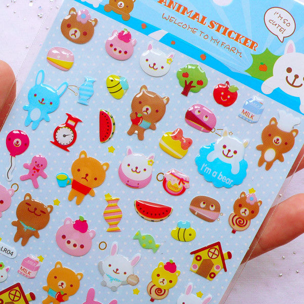 Kawaii Bear & Rabbit Stickers | Animal Friend Sticker with Crystal Resin Coating | Summer Watermelon Stickers | Home Decor | Photo Decoration (1 Sheet)