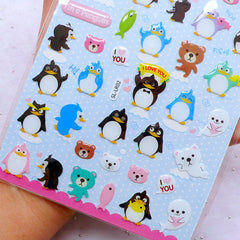 Kawaii Penguin Stickers | Cute Animal Seal Sticker | Bear Stickers | Crystal Epoxy Stickers | Diary Deco Stickers | Planner Supplies (1 Sheet)