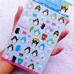 Kawaii Penguin Stickers | Cute Animal Seal Sticker | Bear Stickers | Crystal Epoxy Stickers | Diary Deco Stickers | Planner Supplies (1 Sheet)