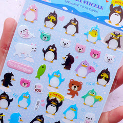 Kawaii Penguin Stickers | Cute Animal Seal Sticker | Bear Stickers | Crystal Epoxy Stickers | Diary Deco Stickers | Planner Supplies (1 Sheet)
