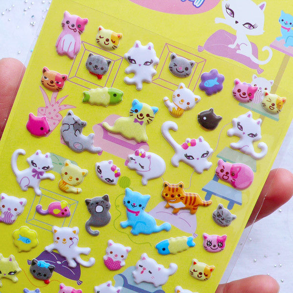 Lady Cat Puffy Stickers | Korean Stickers | Kittie Kitten Kitty Sticker | Animal Pet Stickers | Kawaii Home Decor | Planner Decoration | Cute Stationery (1 Sheet)