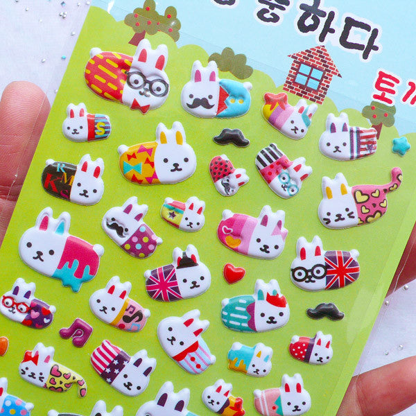 Kawaii Rabbit Puffy Stickers | Cute Korean Stickers | Pill Capsule Shaped Bunny Sticker | Animal Stickers | Kawaii Stationery Supplies | Scrapbook Embellishments (1 Sheet)