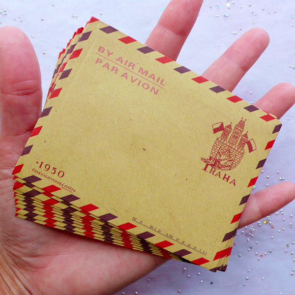 Mini Envelopes | Kraft Paper Airmail Envelopes | Small Par Avion Envelope | Antique Triangle Flap Envelopes | Czech Republic Praha Envelope | Zakka Stationery Supplies (10pcs / 9.8cm x 7.5cm / 3.86" x 2.95")