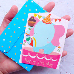 Kawaii Animal Card & Envelope Set (Elephant) | Happy Birthday Greeting Card | Cute Stationery from Korea | Birthday Party Decoration