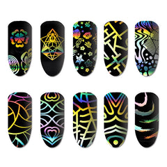 Holographic Nail Decal | Holo Nail Transfer Foil | Thin Clear Film Sheet | Geometric Letter Tropical Scroll Pattern (10 Sheets)