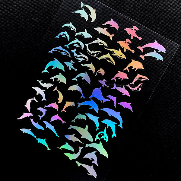 Holo Clear Film Sheet | Dolphin and Whale in Holographic Rainbow Color | Fish and Mermaid Embellishments | UV Resin Inclusions