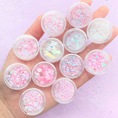Dreamy Pink Confetti Glitter Rhinestones and Pearls Assortment | Kawaii Resin Fillers | Pastel Kei Embellishments (12 boxes)