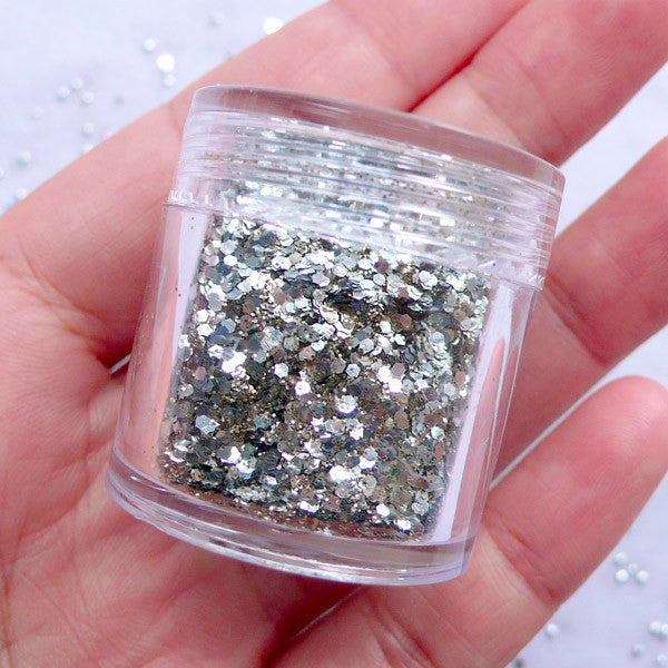 Bling Bling Hexagon Confetti Sprinkles | Sparkle Glitter Flakes | Kawaii Resin Art | Nail Decoration & Papercraft Supplies (Silver)