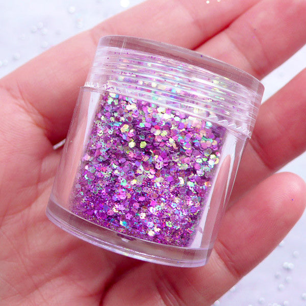 Iridescent Hexagon Confetti | Holographic Glitter Flakes | Glitter Roots Sprinkles | Kawaii Cabochon DIY | Aurora Borealis Nail Decoration & Paper Craft Supplies (AB Purple)