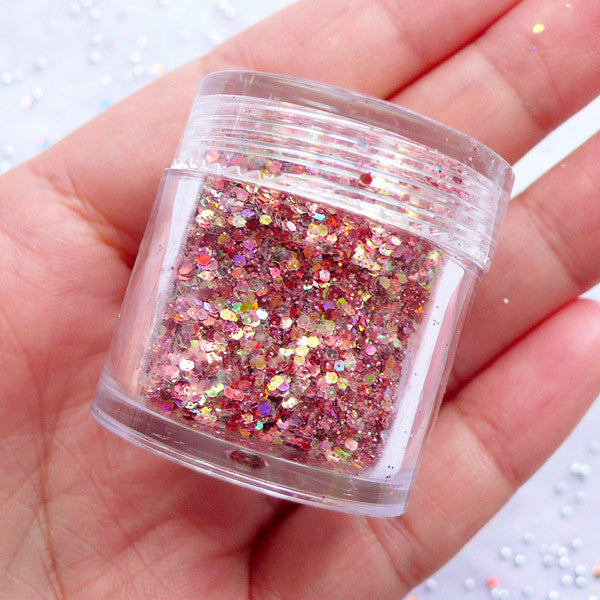 Iridescent Hexagon Glitter | Holographic Confetti Sprinkles | Sparkle Glitter Roots | Decoden Cabochon Making | Aurora Borealis Nail Art | Card Making (AB Golden Coral Pink)