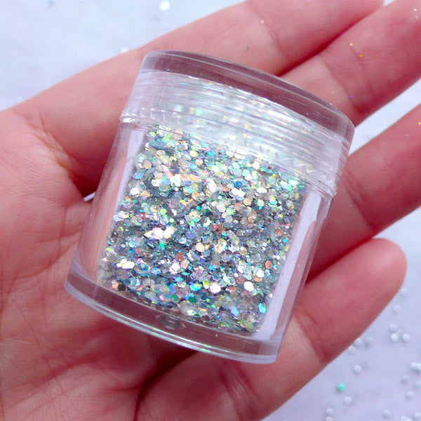 Silver Hexagon Sprinkles | Holographic Confetti | Glitter Roots Flakes | Bling Bling Kawaii Crafts | Iridescent Nail Decoration | Decoden Supplies (Aurora Borealis Silver)