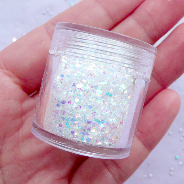 Bling Bling Hexagon Glitter Confetti | Holographic Flakes | Iridescent Sprinkles | Kawaii Decoden Supplies | Aurora Borealis Nail Deco (AB White)