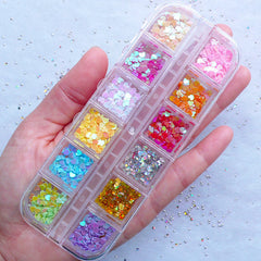 Assorted Heart Confetti | Tiny Heart Glitter Sprinkles | Mini Heart Flakes for Nail Art | Kawaii Resin Cabochon Making (Box of 12 Colors / 3mm)