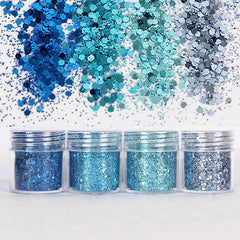 Blue Hexagon Glitter Assortment (4 pcs) | Bling Bling Confetti Flakes | Filling Material for Resin Crafts | Glitter Roots | Nail Art Supplies