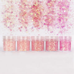 Assorted Iridescent Pink Glitter in Hexagon Shape (5 pcs) | Aurora Borealis Confetti for Kawaii Cabochon DIY | Bling Bling Sprinkles | Scrapbook Supplies