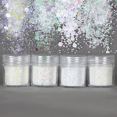 Iridescent White Glitter in Hexagon, Bar and Powder (4 pcs) | Assorted Confetti Glitters | Resin Filling Material | Bling Bling Nail Decorations