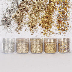 Christmas Glitters in Gold and Silver (5 pcs) | Hexagon Glitter Sprinkles | Bling Bling Festival Glitter Confetti | Resin Art | Scrapbooking