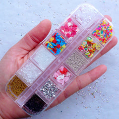 Fake Topping Assortment | Assorted Faux Toppings including Rainbow Confetti Sprinkles, Polymer Clay Fruit Slices, Micro Beads, Chocolate Flakes, Ice, Sugar, Rhinestones & Pearls