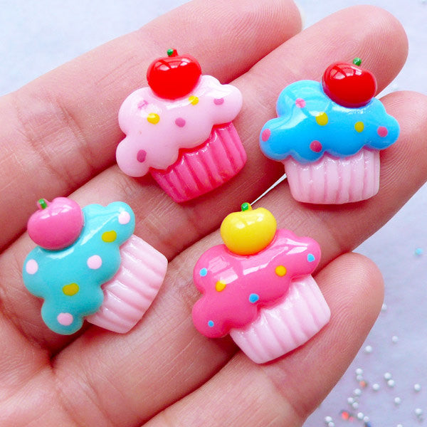 Assorted Cupcake Cabochons (4pcs / 18mm x 19mm / Flatback) Miniature Sweets Deco Kawaii Dekoden Whimsical Jewelry Scrapbook Embellishment FCAB308A