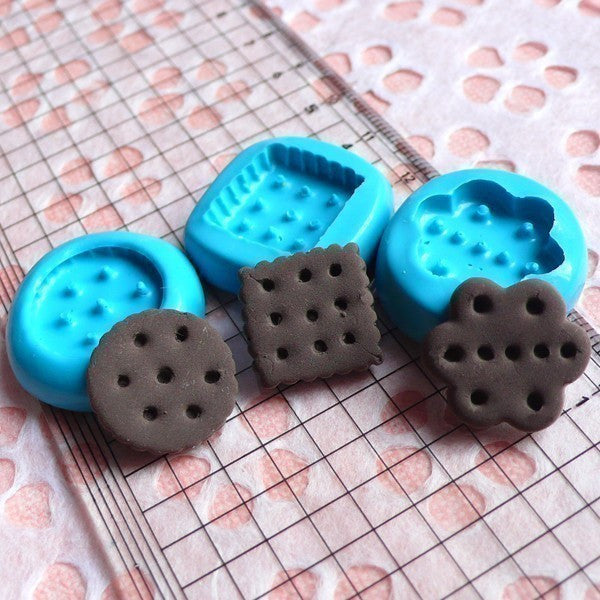 Kawaii Cookie / Biscuit (Flower, Square, Round) (3 pcs) (16 to 19mm) Flexible Mold Silicone Mold Miniature Sweets Charms Fimo Clay MD144-146
