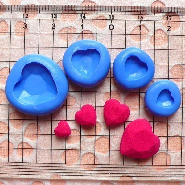Set of 4 Diamond Cut Heart (6 to 14mm) Silicone Flexible Push Mold - Miniature Food Jewelry Charms (Clay Fimo Resin Gum Paste Fondant) MD713
