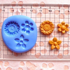 Set of 3 Flower / Sun Flower (12mm to 15mm) Silicone Flexible Push Mold - Jewelry, Charms, Cupcake (Clay Fimo Resin Gum Paste Fondant) MD589