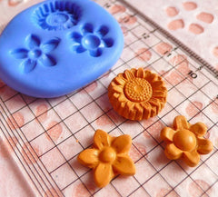 Set of 3 Flower / Sun Flower (12mm to 15mm) Silicone Flexible Push Mold - Jewelry, Charms, Cupcake (Clay Fimo Resin Gum Paste Fondant) MD589
