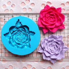 Flower / Rose with leaves (37mm) Silicone Flexible Push Mold Jewelry, Charms, Cupcake  (Clay, Fimo, Sculpey, Soap, Gum Paste, Fondant) MD596