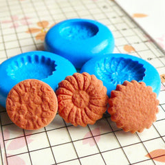 Set of 3 Flexible Round Cookie / Biscuit (13mm and 14mm) Silicone Flexible Push Mold - Miniature Sweets, Jewelry, Clay Charms MD172-174