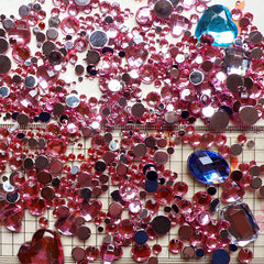 Rhinestones Mix (2mm 3mm 4mm 5mm 6mm 10mm) Pink Round and Heart Faceted Rhinestones Cabochons Mix (Over 1000 pcs) RHM011