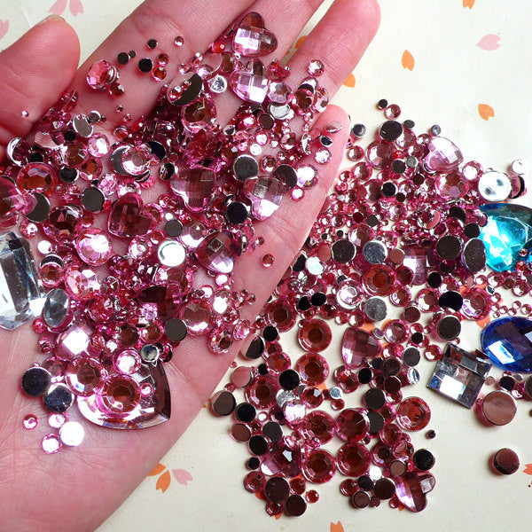 Rhinestones Mix (2mm 3mm 4mm 5mm 6mm 10mm) Pink Round and Heart Faceted Rhinestones Cabochons Mix (Over 1000 pcs) RHM011