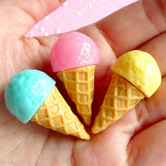 3D Ice Cream Cabochon (3pcs / 18mm x 33mm / Pink, Blue & Yellow) Kawaii Sweets Deco Miniature Icecream Japanese Decoden Doll Food FCAB017