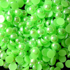 CLEARANCE 4mm AB GREEN Half Pearl Cabochons / Round Flat Back Faux Pearlized Cabochons (around 200-250 pcs) PEAB-G4